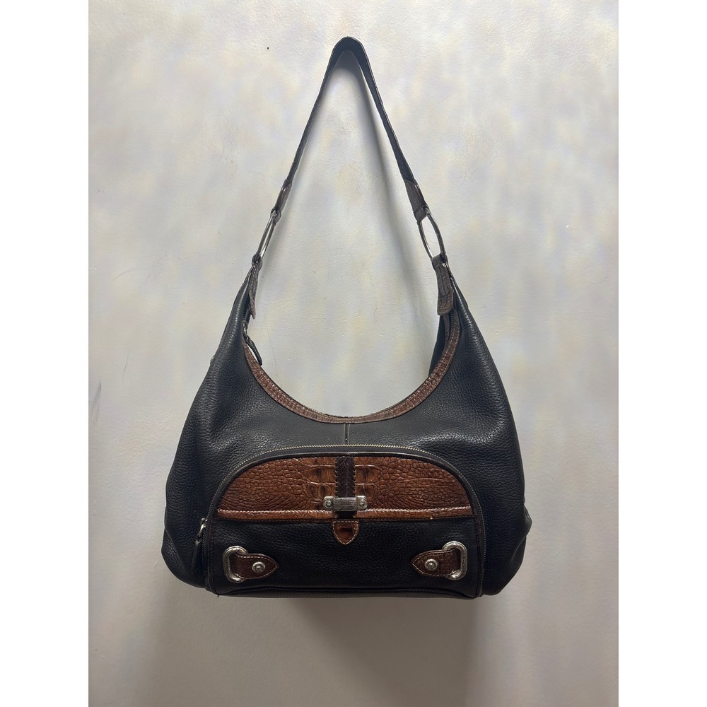 Brighton Hobo Shoulder Bag Womens Medium Black Brown Leather  Croc Trim